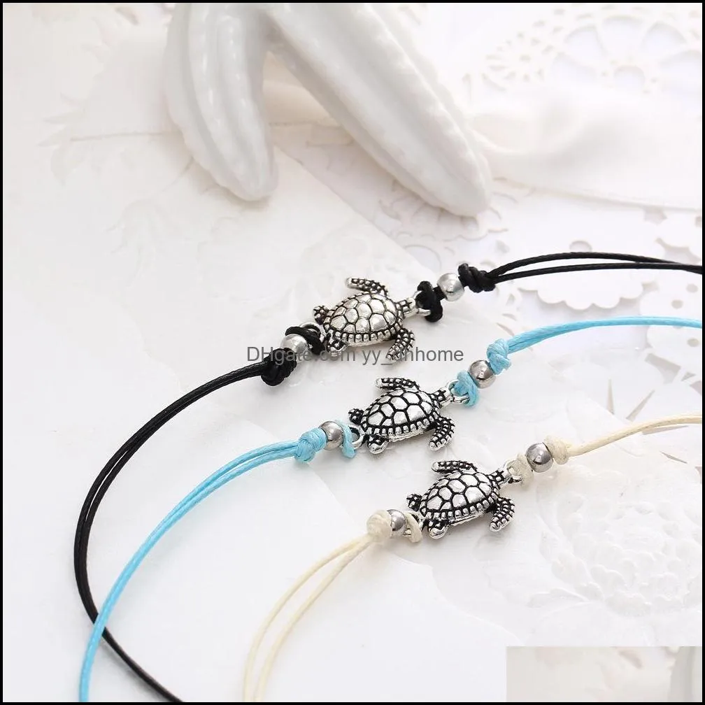 New Vintage Sea Turtle Bracelet Anklet White Black Blue 3 Colors Wax Rope Beach Anklets for Women Bohemian Jewelry Wholesale