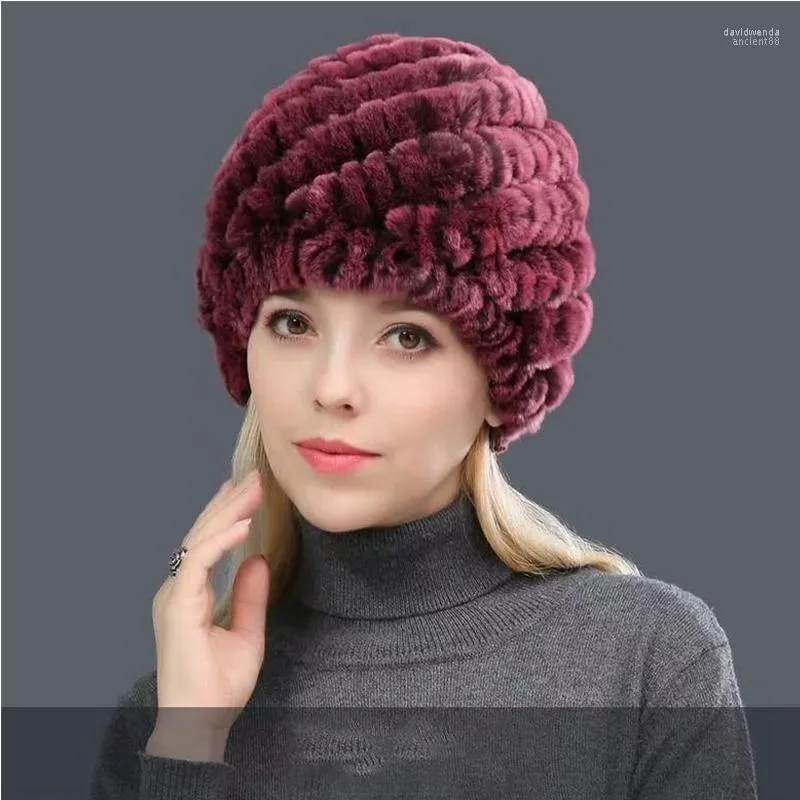 Berets Women Hat Soft Bomber Hats 100% Real Rex Fur Striped Head Top Flower Warm Cap Winter Capica Davi22