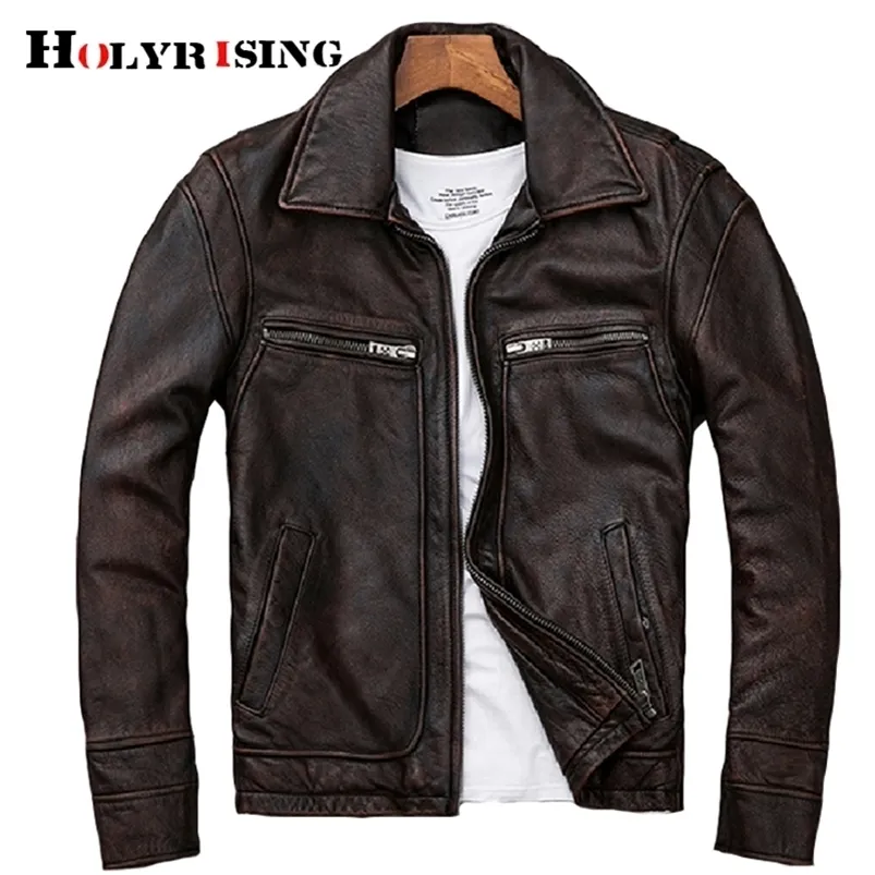 Hommes en cuir véritable en détresse moto hommes veste en cuir véritable 100 peau de vache rétro rouge marron hommes manteau en cuir 19078 5 LJ201029