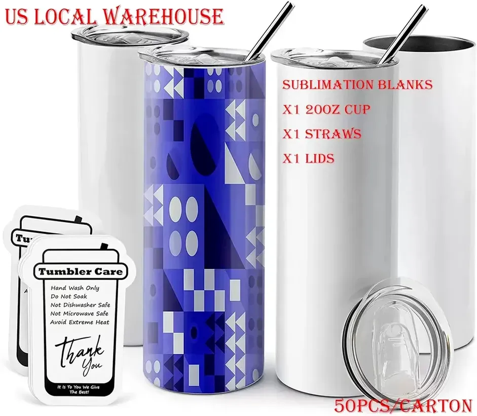 مستودع محلي في الولايات المتحدة 50pcs تسامي Tumblers 20oz من الفولاذ المقاوم للصدأ قاطعًا فارغًا مستقيمًا أبيض مع الأغطية مع الأغطية وزجاجات هدية نقل حرارة القش B0520A025