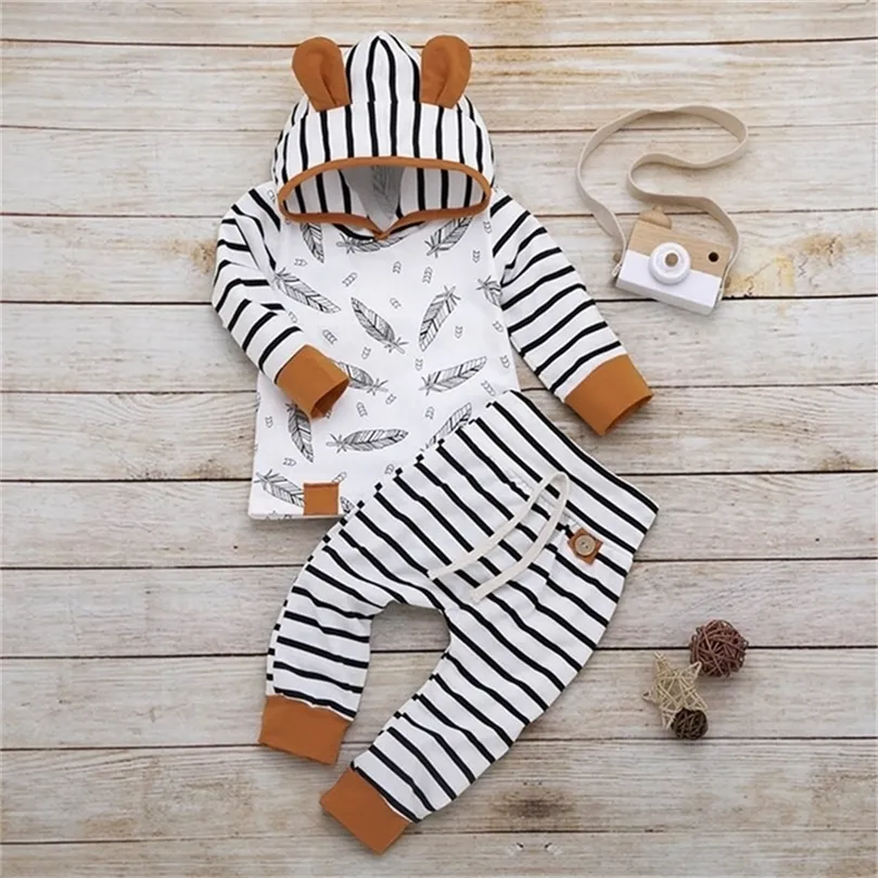 Winter Autumn Baby born Baby Boy Girl Clothes Feather Rompers Tops Striped Pants Clothes Outfits Set vetement enfant fille LJ201223