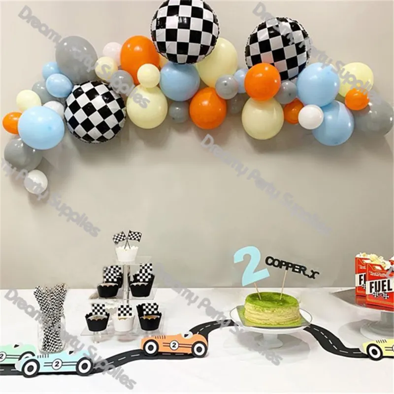 Race Car Birthday Balloons Decoration Checker Black White Banner Flag Ballon Arch Kits Racing Car Temed Party Decor Supplies