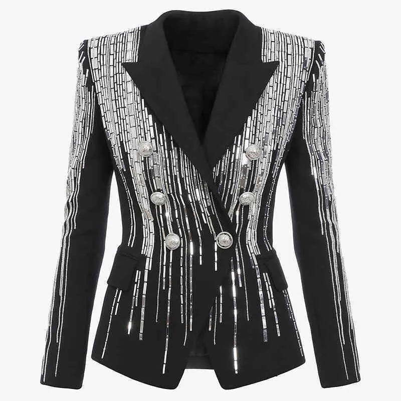 High Street Est Fashion Designer Jacket Kvinnor Double Breasted Lyxiga fantastiska silvermetallknappar Tärklad blazer 210521