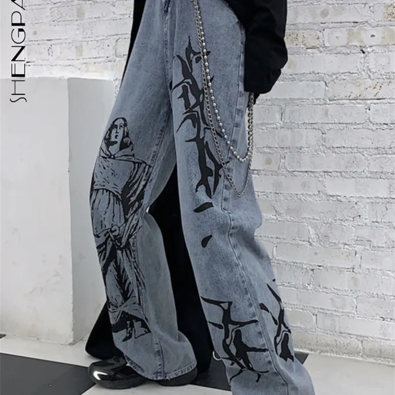 SHENGPALAE été mode Ins rue Hiphop impression lavage jean ample décontracté Denim large jambe pantalon femme 220815