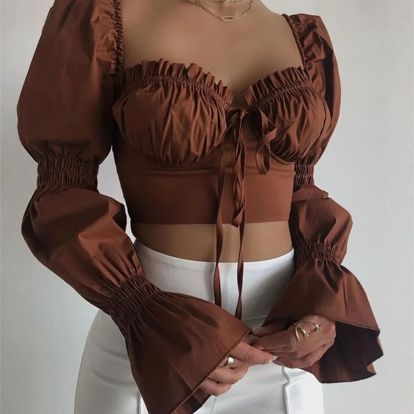 Wsevypo Puff manches longues à volants Laceup T-shirt élégant mode femmes col carré Bustiers Crop Tops automne hiver vêtements 220810