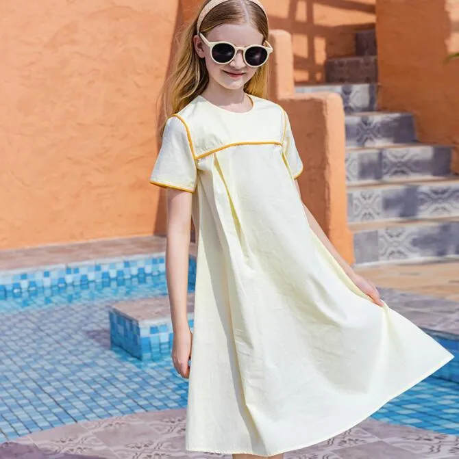 단단한 여자 면화 드레스 여름 짧은 짧은 슬리브 드레스 십대 어린이 옷 6 ~ 14 년