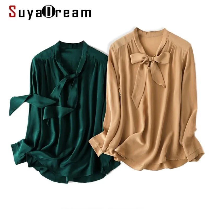 Suyadream Women Blusa Chic 100% Real Crepe de seda longa Manga longa A blusa de colarinho de colarinho sólido Camisa Lady Fall Cirtle 210401