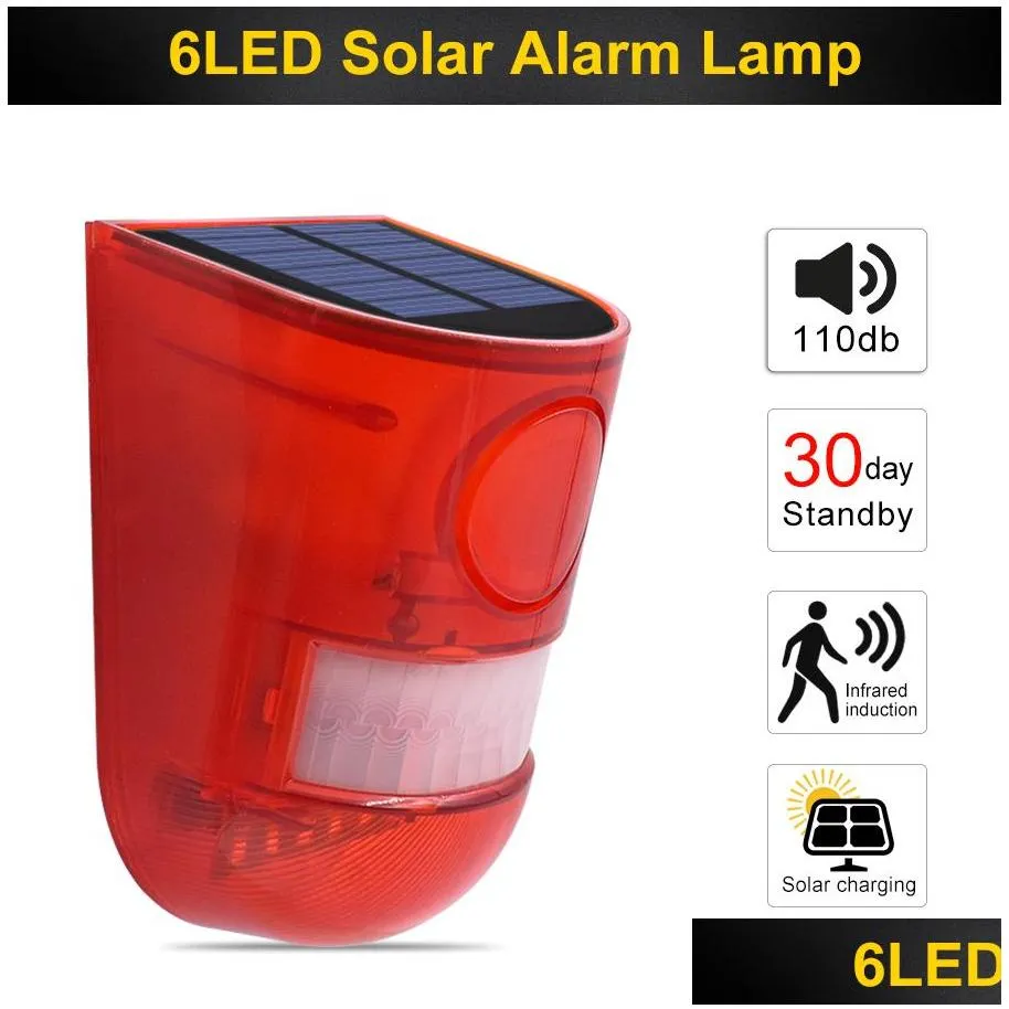 solar alarm lamp 110db warning sound 6led red light ip65 waterproof motion sensor caution lights for warehouse secret place wall