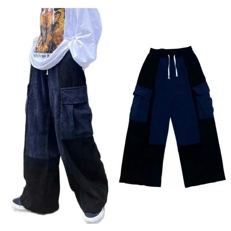 Pantalons pour hommes japonais rétro velours côtelé hommes printemps et automne ample jambe large grande poche cordon pantalon hommes