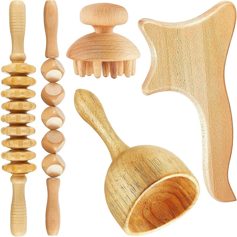 Set di legno di massaggiatore corporeo colombiano piatto facciale per il corpo degli strumenti di sculturazione del corpo di drenaggio linfatico a 5 pezzi Set di strumenti di terapia in legno