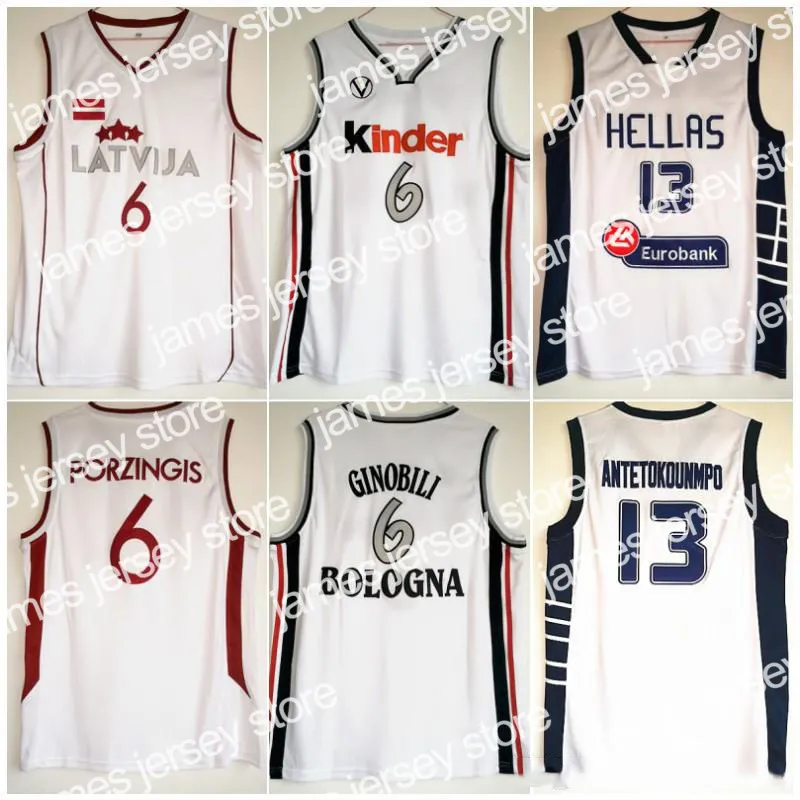 新しい＃13 Giannis Antetokounmpo Hellas Jersey＃6 Manu Ginobili Kinder Basketball Jerseys European League＃6 Kristaps Porzingis Latvijaシャツ