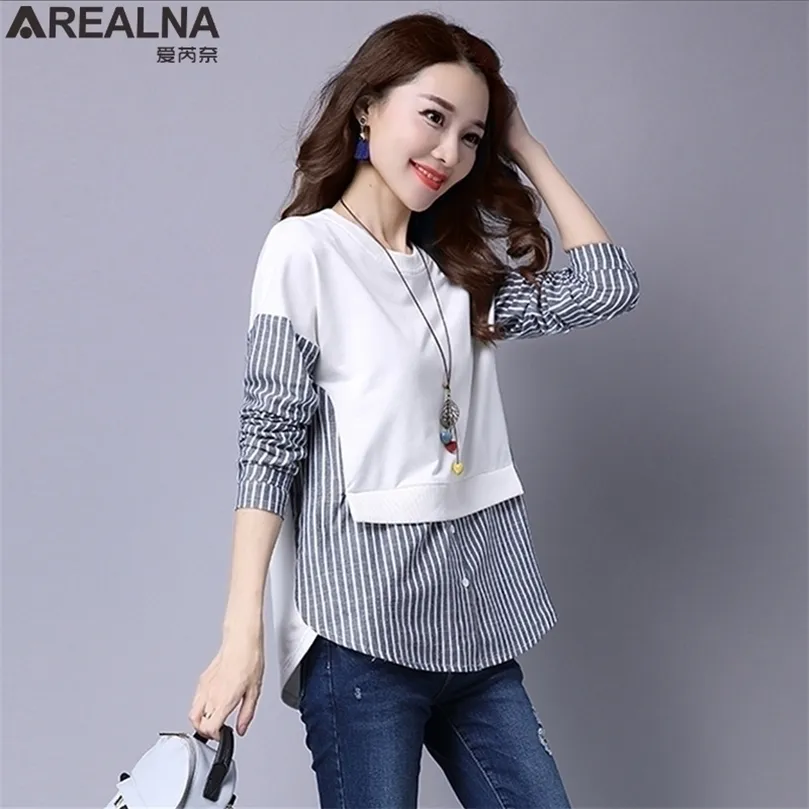 Arealna jesienna koreańska koszula damskie topy długie rękawy swobodne koszule vintage paski szwy Fałszywe dwuczęściowe bluzki bluzki 210326