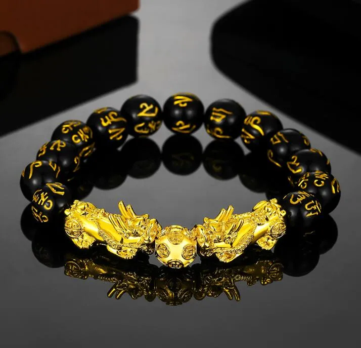 Lycka till rikedomspärrad strängar armband svarta obsidian pärlor pixiu armband feng shui välstånd pi xiu armband för män kvinnor smycken gåva 18 stilar