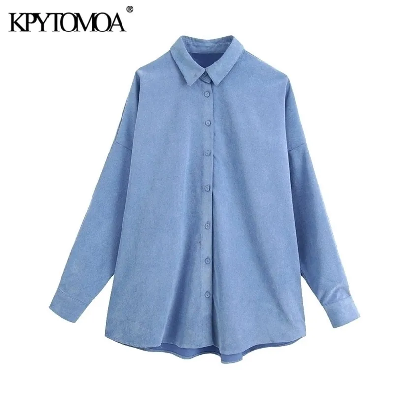 KPYTOMOA femmes mode surdimensionné velours côtelé asymétrique Blouses Vintage à manches longues bouton-up lâche femmes chemises Chic hauts 210326