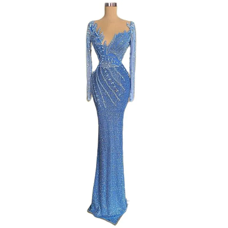 Blue Sparkling Mermaid Prom Dresses Long Sleeveless V-Neck Beaded Applique  Lace Floor Length Formal Gowns Silk Tulle Satin from Dhgate Prom Dresses -  price 225.23