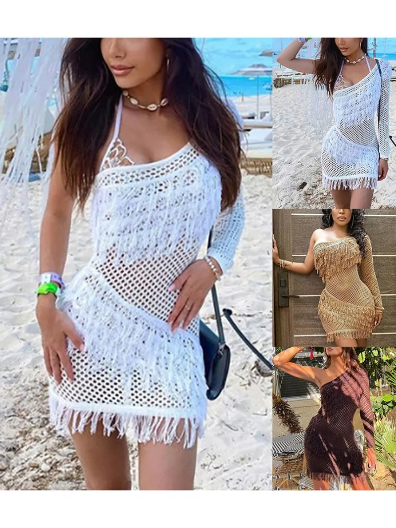 Casual Dresses Women Slim Fit Dress Fringe Embellished One Shoulder Long Sleeve Design Cutout See Through Solid ColorCasual
