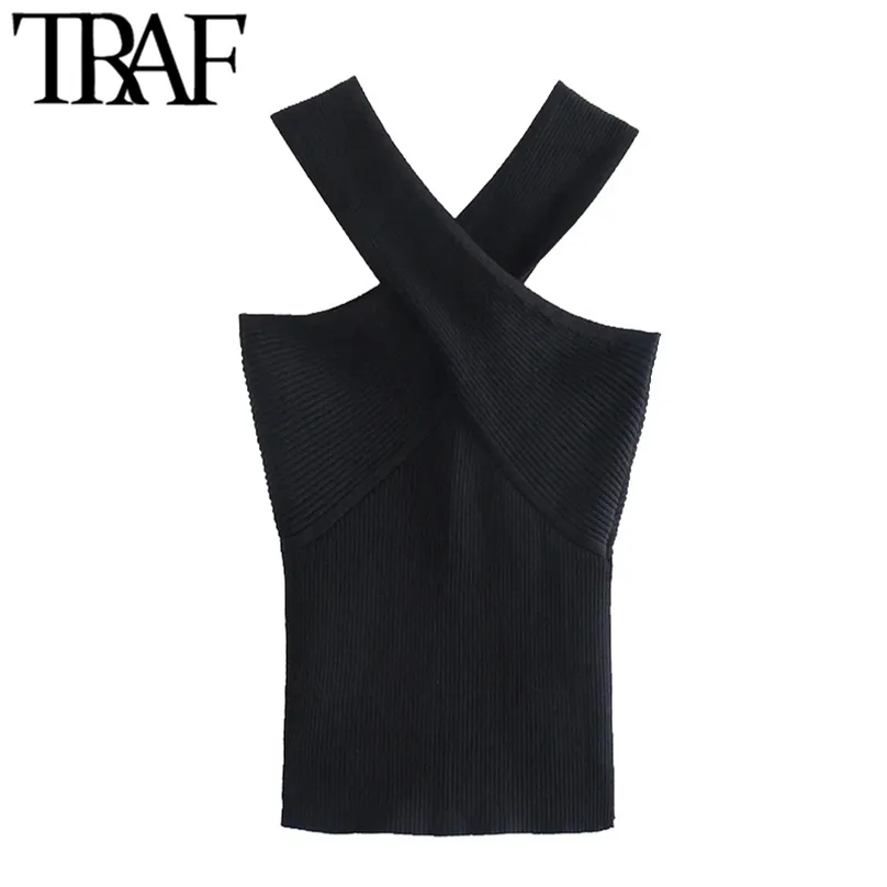 TRAF Donne Sexy Moda Croce Spalline Larghe Ritagliata Maglia Nera Canotte Vintage Backless Equipaggiata Camis Femminili Mujer 220325