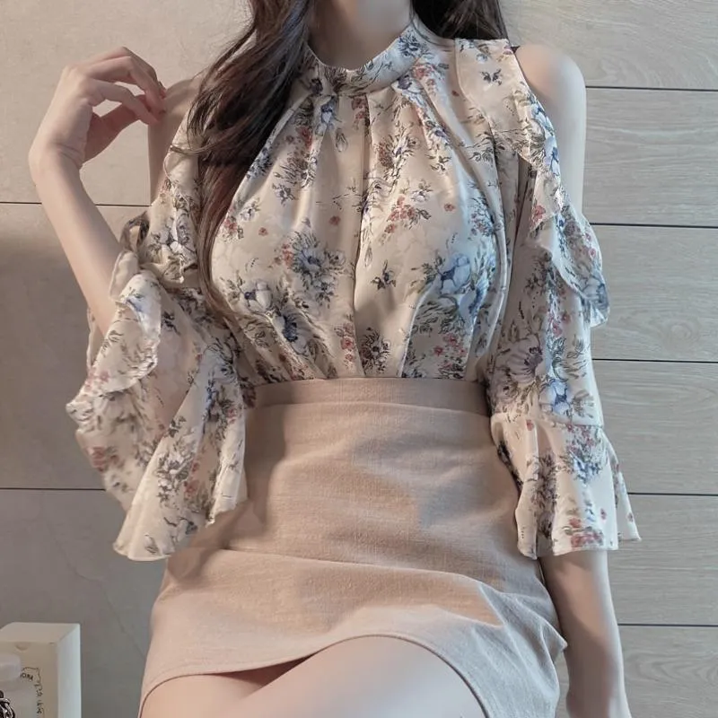 Blouses pour femmes Chemises d'été pull à épaules dénudées Blouse ample florale femmes à manches courtes OL chemise en mousseline de soie Blusas Mujer De Moda M-4XLWome