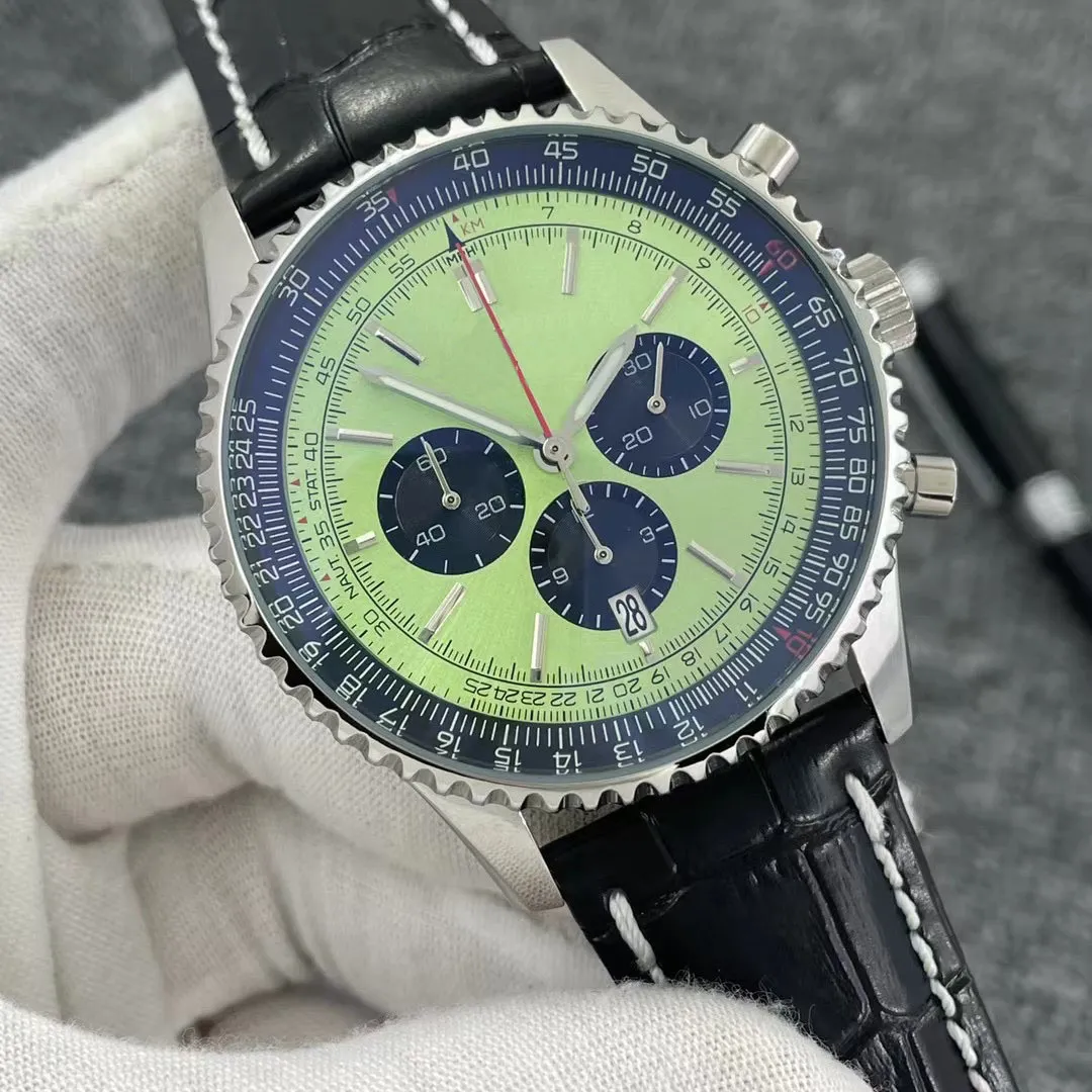 B01 46MM Quality Navitimer Watch Chronograph Quartz Movement Steel Mint Green Black Dial 50TH ANNIVERSARY Men Watch Leather Strap Mens Wristwatches