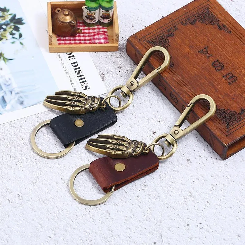 Keychains Fashion Jewelry Vintage Genuine Leather Key Ring Car Keychain Bronze Palm Chain Alloy Accessories Men Women Gifts Smal22