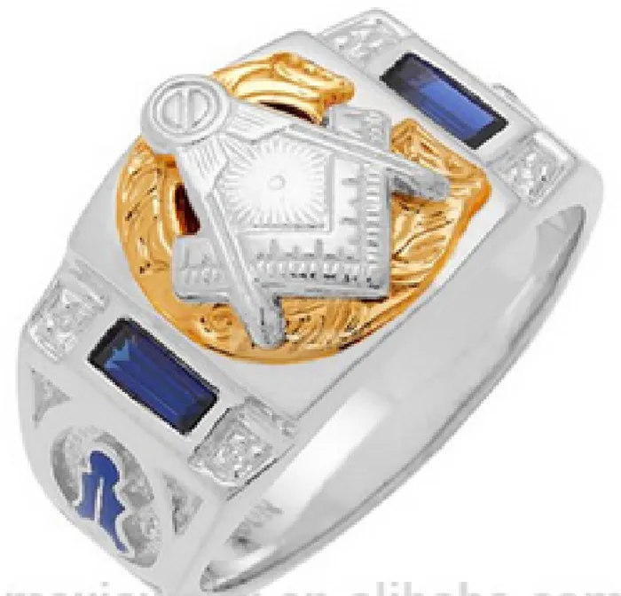 Gold Masonic Rings Unique Women Men's Blue Sapphire CZ stone Stainless steel Freemason Mason regalia signet rings wedding band ring