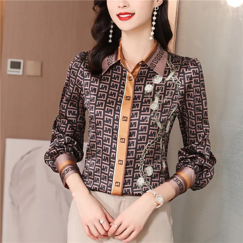 2023 moda seta stampa camicia marrone donna manica lunga risvolto pulsante camicette firmate primavera autunno ufficio camicie da donna pista donna