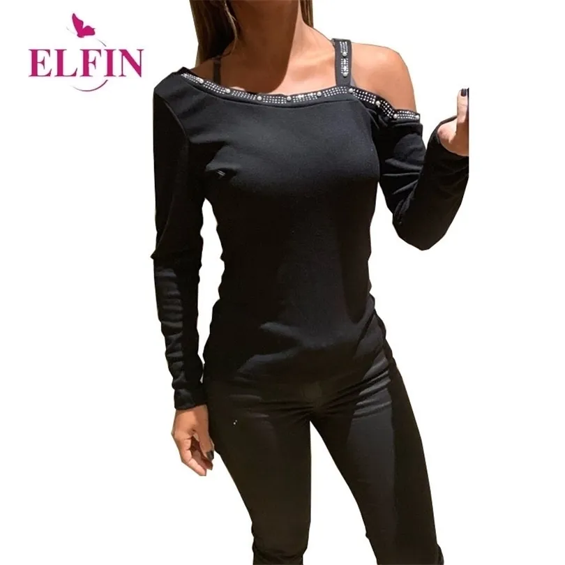 Beaded Women Tshirt Long Sleeve Shirt Black Tshirt Sexy Tee Shirt Femme Punk Style Fall Womens Clothing T200110
