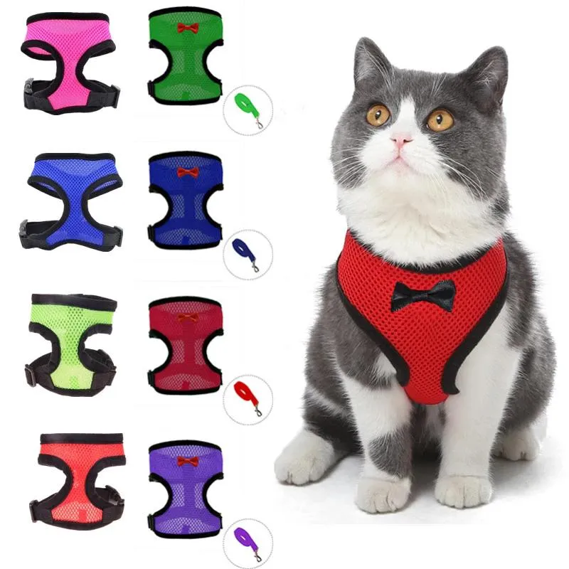 犬の襟のリーシュ調整可能な猫のベストウォーキングリードリーシュスモールミディアムカラーの弓のノットメッシュペット用品