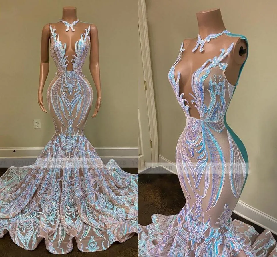 UPS Black Girls Sparkly Sevin Long Prom Transkes 2022 Sexy Seeer O шеи Русалка Африканские Женщины Гала Вечерние Партии