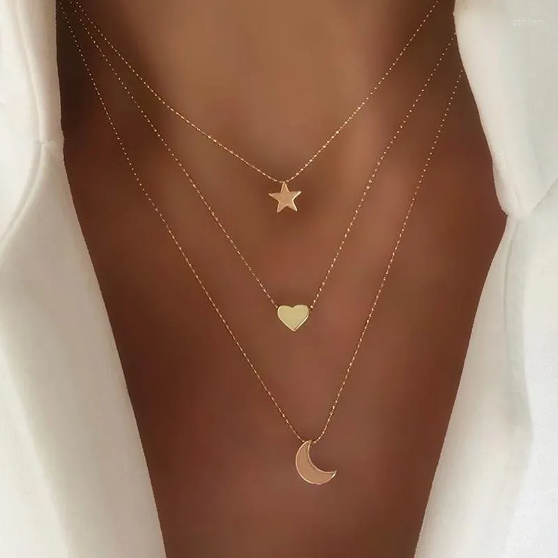 Anhänger Halskette Bohemian Gold Farbstar Moon Halskette für Frauen Mehrschichtiger Perlenketten Herz 2022 Mode Schmuckkragen Femalependant Gott