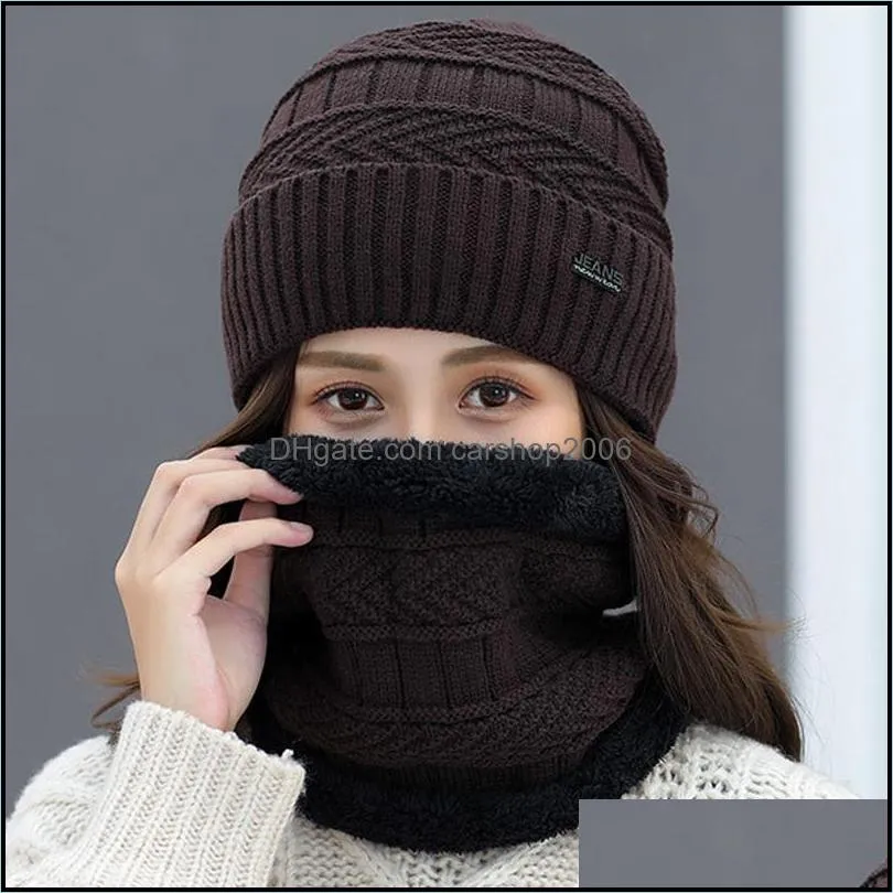 Hats, Scarves & Gloves Sets Knitted Scarf Set Beanie Hat Winter Neck Warmer Lining Cap Solid Color Ladies And For Women1