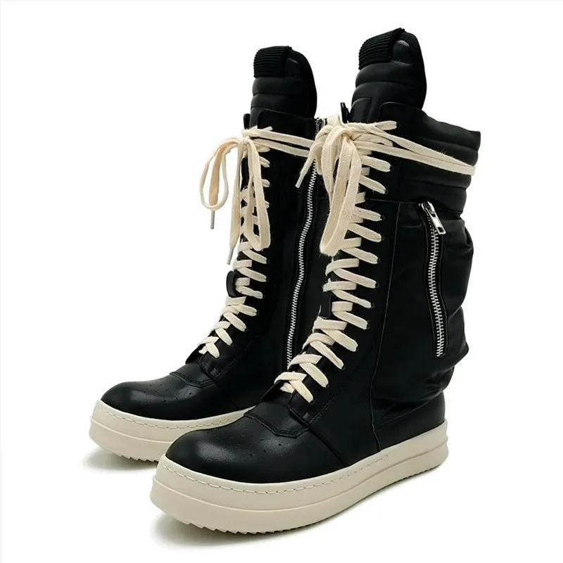 Fashion Men Designer Boot Genuine Leather Female Knee High Boots Black Male Women Chunky Boot