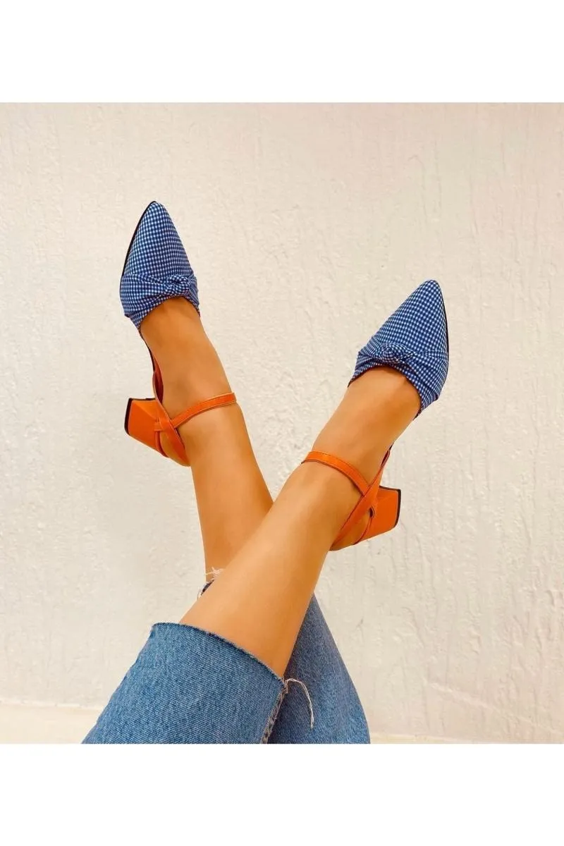 Womens Mila Orange Matte Blue Plaid Heel Strappy Wedge Sandals