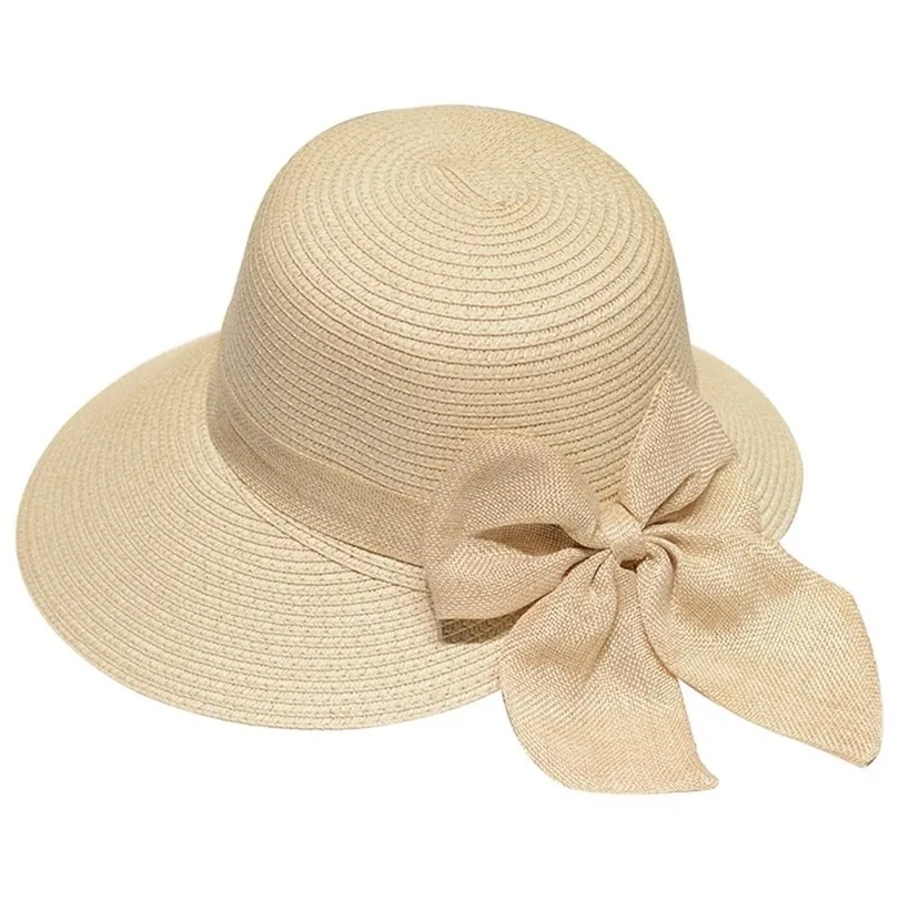 Dame Bowknot chapeau de paille adulte été crème solaire loisirs casquette large bord étudiants frais raphia ombrage chapeau de soleil pliable 220607