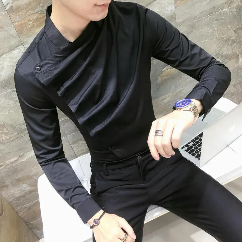 Camicia da uomo alla moda Abbigliamento stile coreano Colletto alla coreana Camicie da uomo Slim Fit Nero Bianco Night Club Abiti Eldd22