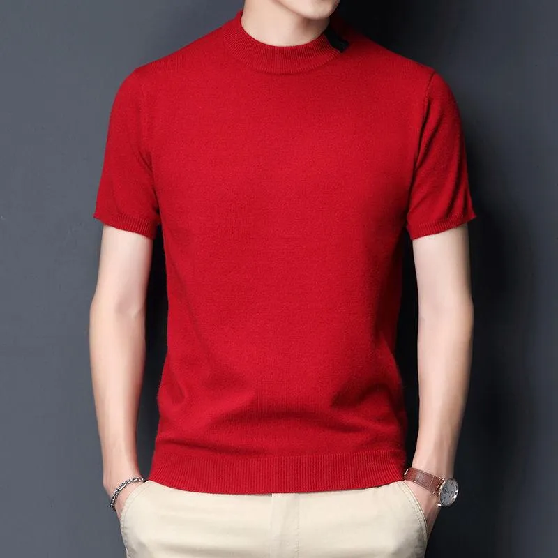 メンズTシャツメンサマーファッションハーフタートルネックスリムTシャツトップス男性韓国スタイルのソリッドカラー5xlニットティーS78men's