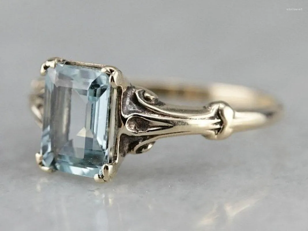 Bröllopsringar Classic Square Sea Blue Topaz Girl Ring With Antique Silver Platingwedding Edwi22