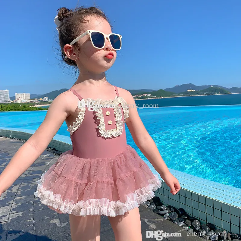 2022 Kids Lace Swimsuit One-Piece Korean Style Holiday Princess Girls  Ruffle Tutu Skirt Swimwear Sweet Spaghetti Strap Children Bathing Suits  with Hat