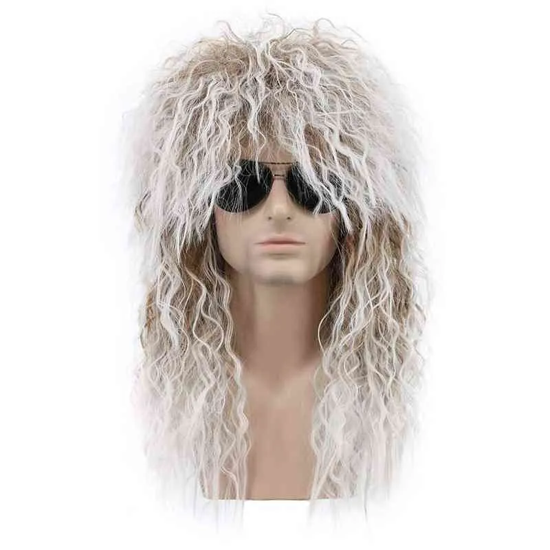 Men Hair Synthetische FGY en vrouwen Lang krullende bruine gradiënt Witte cosplay Halloween Wigs 70s 80s Rock Mullet Party 0527