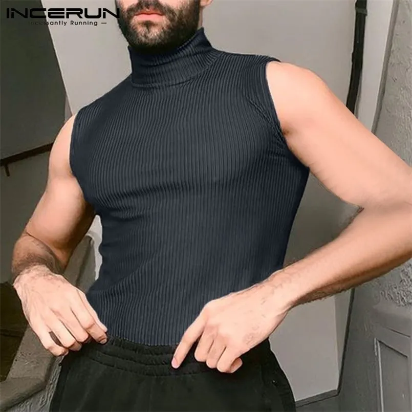 INCERUN Men Tank Tops Turtleneck Sleeveless Solid Color Vests Men Streetwear Skinny Fashion Casual Sexy Waistcoats S-5XL 220627