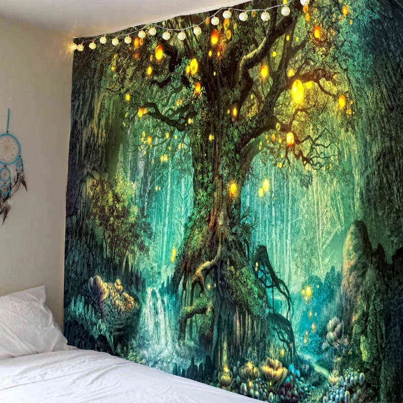 Tapis mural d'arbre de vie en forêt, paysage suspendu, décoration de salon, lanterne magique, robinet de maison J220804