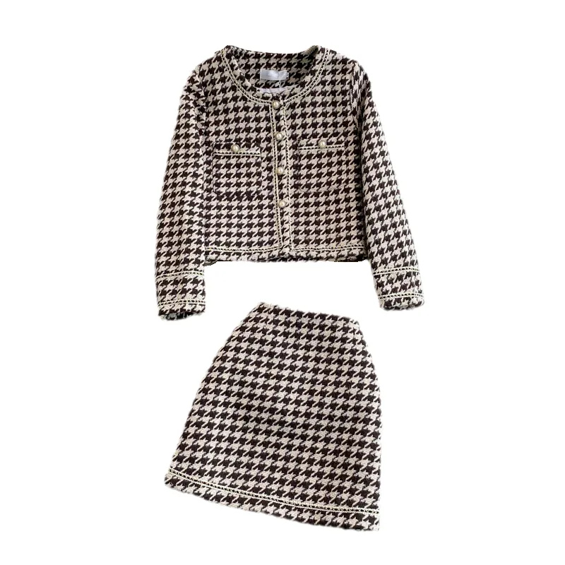 2022 printemps automne nouvelles femmes tweed laine pied-de-poule plaid grille manteau et jupe twinset 2 pièces robe costume ML