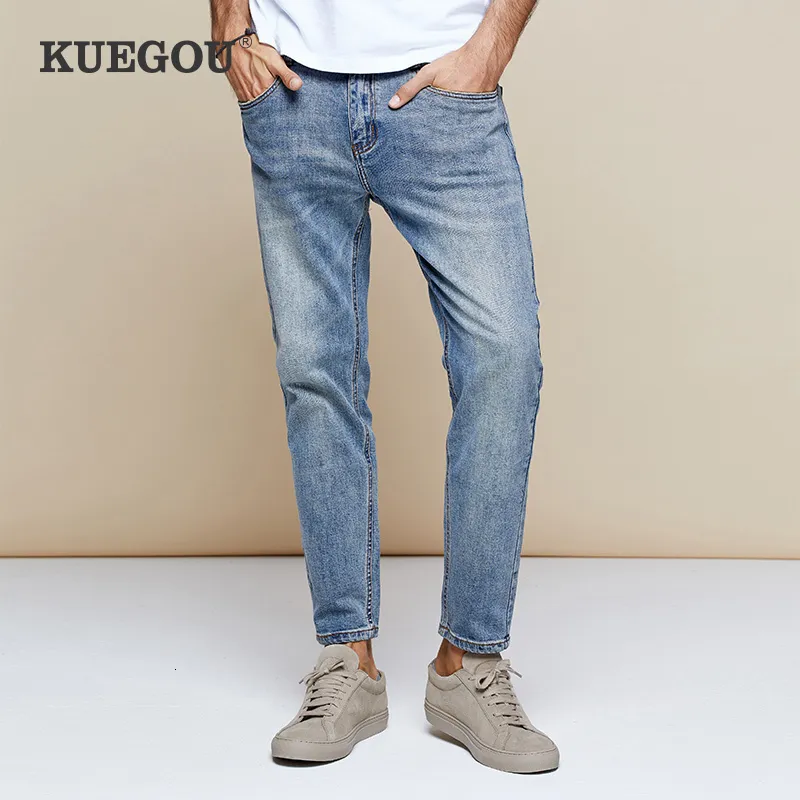 Kuegou herfst katoen blauw skinny jeans heren streetwear merk slank fit denim broek voor mannelijke hiphop stretch broek 2973 201111