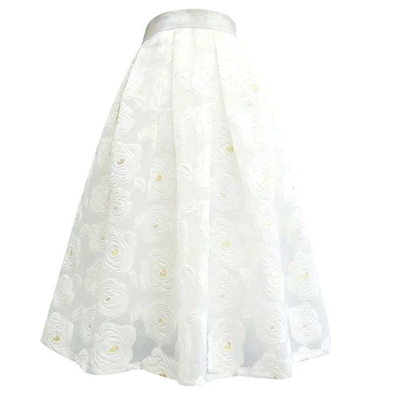 Spódnice Lato W Stylu Vintage Elegancki Koreański Moda Wróżka Słodka Biała Róża Kwiatowy Wysoka Talia Puffy Tulle Długa Spódnica Midi 3-6XL Maxi ChubbySkirts