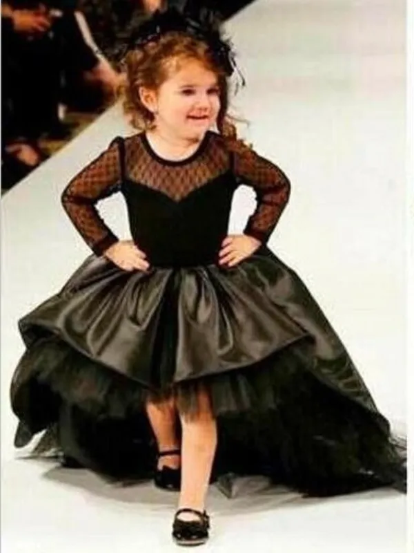 Süße handgemachte Blumenmädchenkleider Schleife Gürtel Perle Prinzessin Kinder Langarm High Low Long Train Brautjungfernkleid Mädchen Festzug Ballkleid