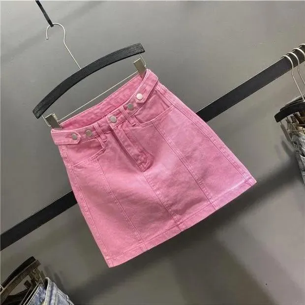 Kjolar höst västerländsk stil rosa jeanskjol kvinnlig hög midja Ordväska Hip koreanska modekläder Jean Empire