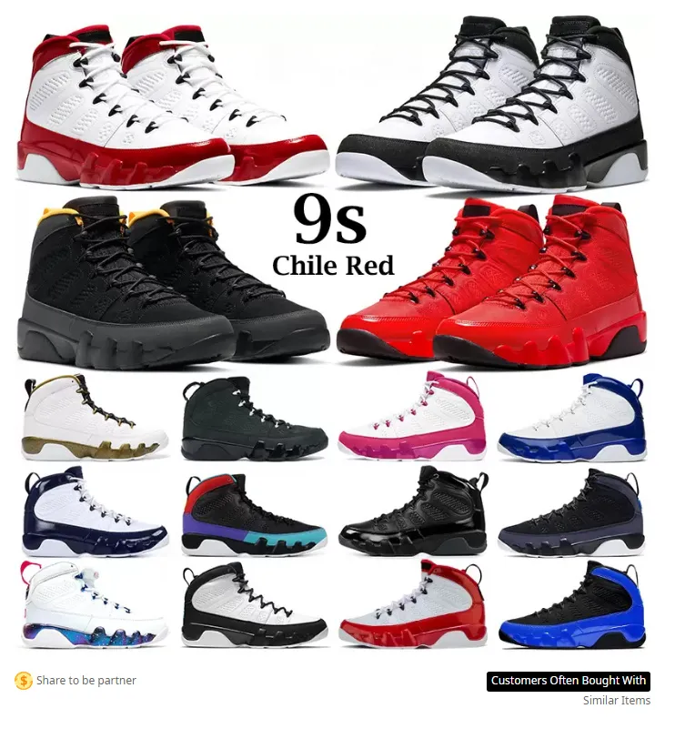 Jumpman Chile Red 9 9s Basketbollskor Herr Sneakers Uppfödda Patent University Blå UNC Cool Grå Vit Gym Staty Mörk Kol OG Space Jam Barons Q06183