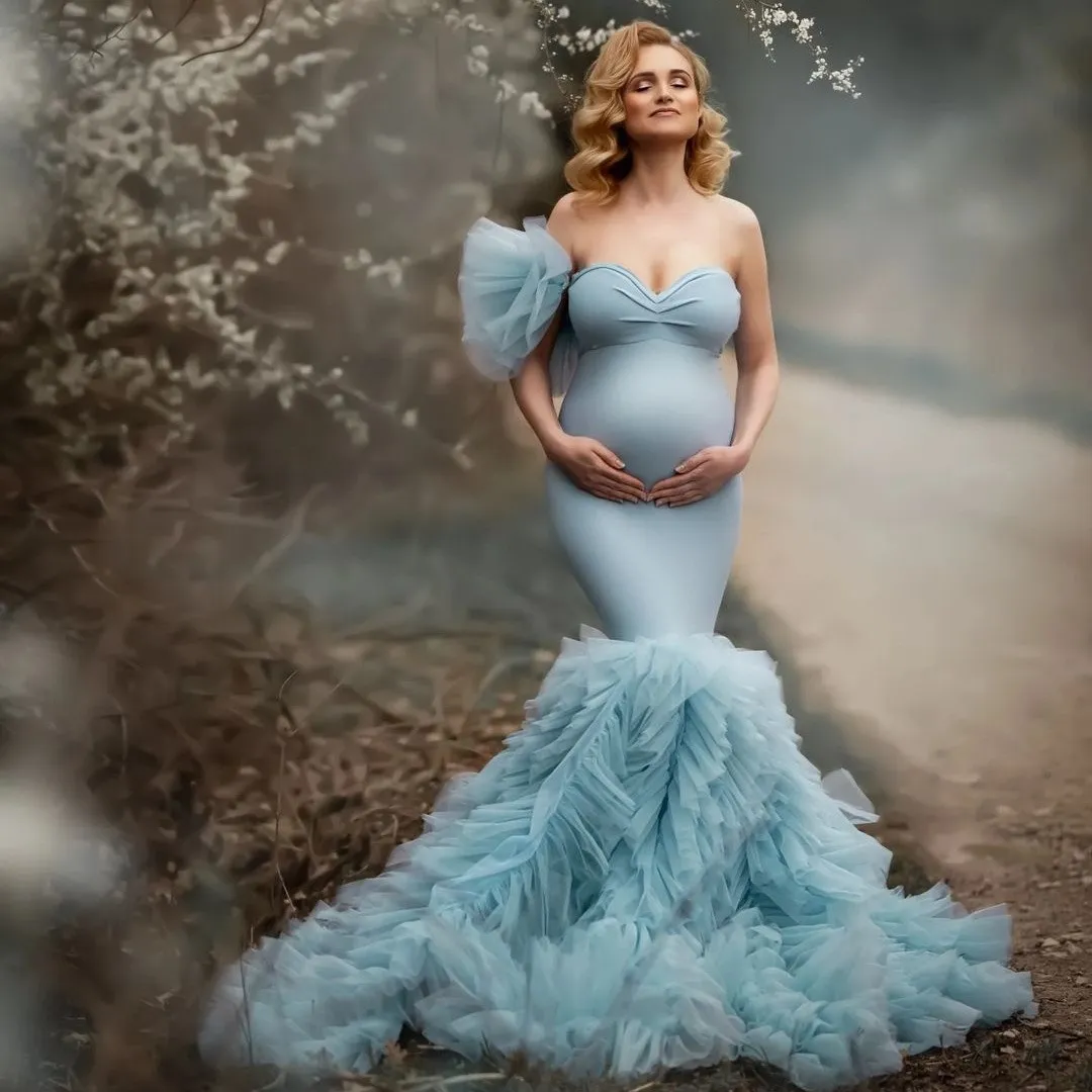 Custom Made Sweetheart Mermaid Maternity Prom Dresses With Tulle Ruffle