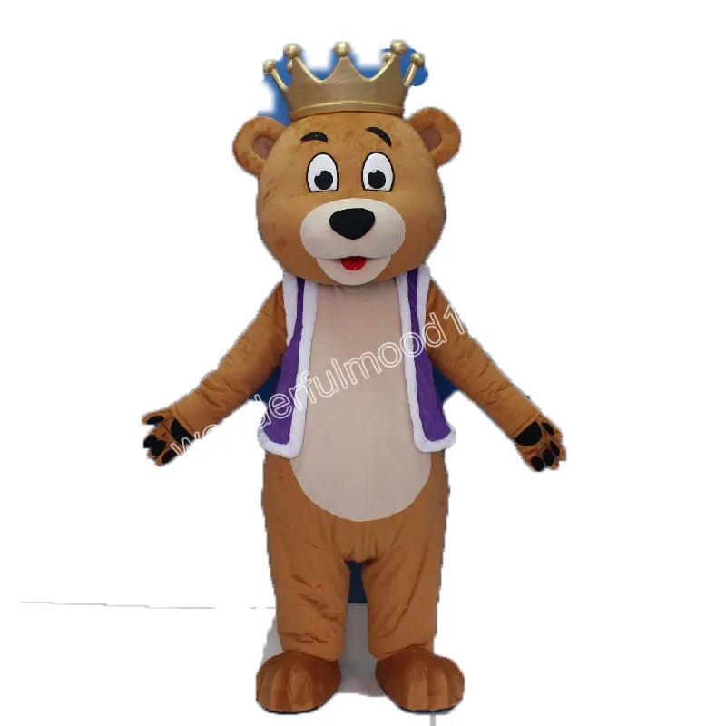 Crown Bear Mascot Costumes Högkvalitativ tecknad karaktärutrustning Suit Halloween Outdoor Theme Party Vuxna unisex klänning