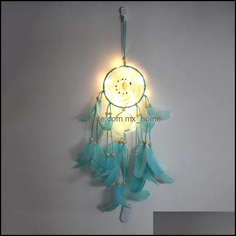 LED Light Dream Catcher Two Rings Feather Dreamcatcher Wind Chime Decorative Wall Hanging Multicolor 12ms J2